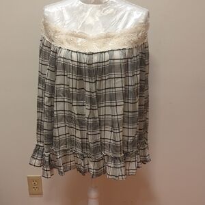 LOFT Black and White Plaid Blouse with Lace Trim